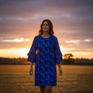 BELLE BADGELY MISCHKA Turquoise Blue
Saoirse Peacock Feather Jacquard Dress.